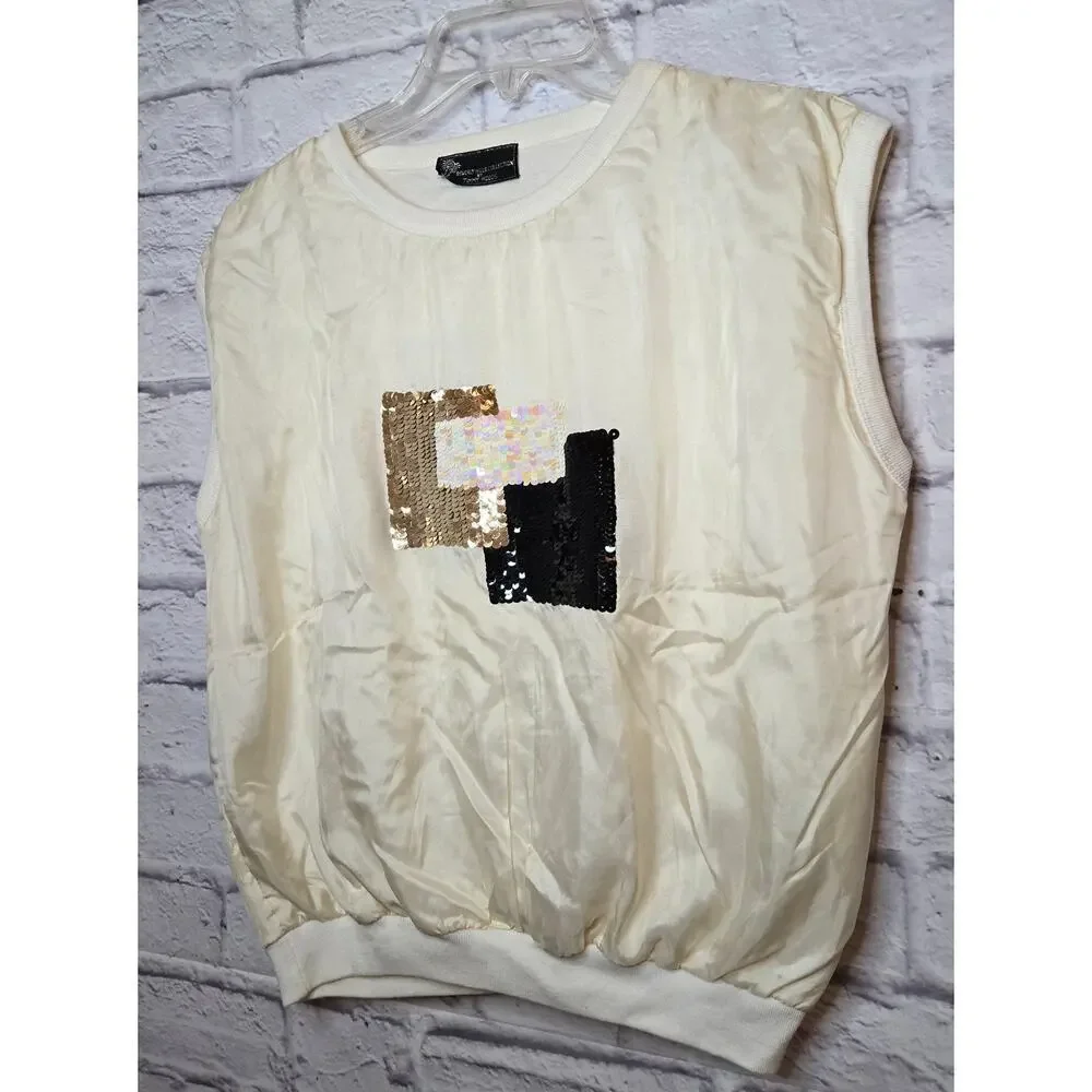 Timmy Woods Beverly Hills Collection 100% silk sequins sleeveless blouse Large.
